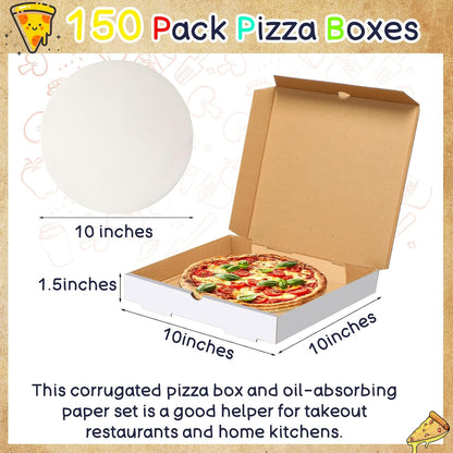 150 Pcs Pizza Boxes Bulk 10 x 10 x 1.5 Inch Corrugated Pizza Box Cardboard Takeout Containers with 150 Pcs Oil Blotting Paper, Kraft Kitchen Tools for Patty, Freezing, BBQ